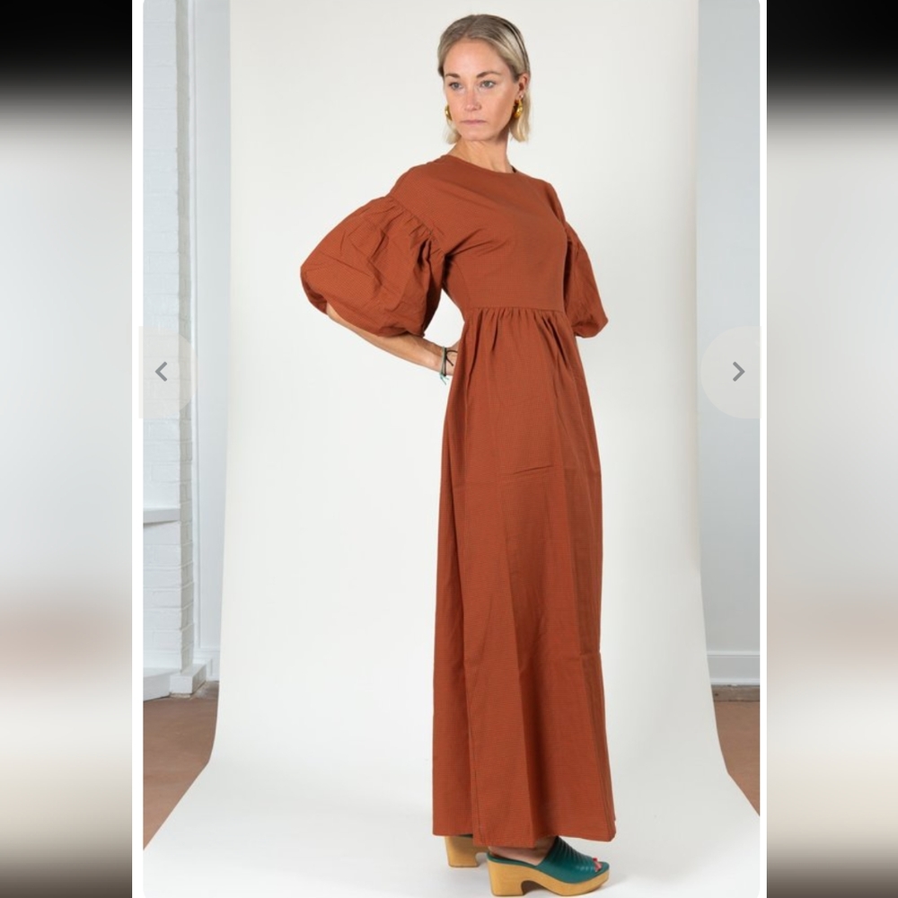 Rita Row orange green plaid check puff short sleeve midi maxi dress
